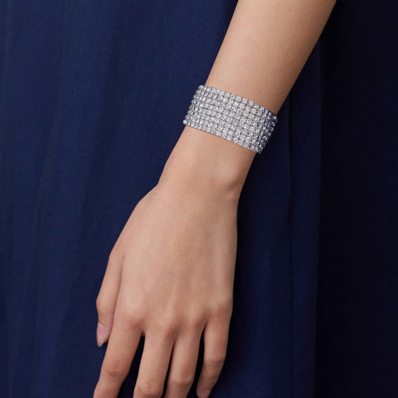 Zealmer Women Clear Rhinestone 8 Row Stretch Bracelet Silver Tone 6.5 inch (small) - Image 3